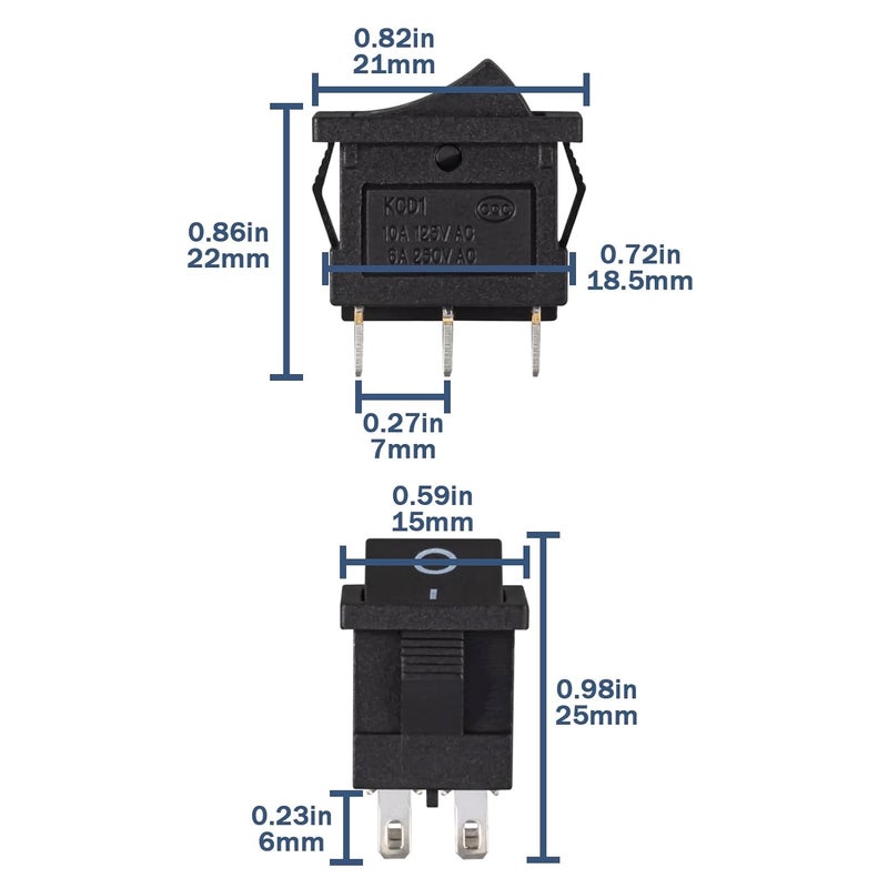 VEXUNGA Mini Rocker Switch On Off 6 Pin 2 Position 10A 125V AC 6A 250V Black Boat Rocker Toggle Switch KCD1 SPST Snap-in Square Switches for Car Marine Home Appliances (Pack of 5pcs) - Image 2